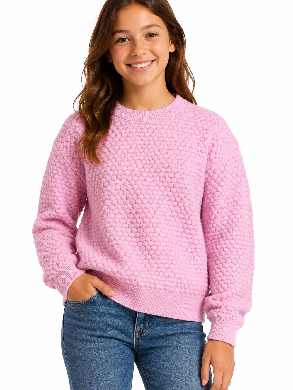 DeFacto Girls Pink Textured Knit Sweater Size 12/13Y Long Sleeve Pullover